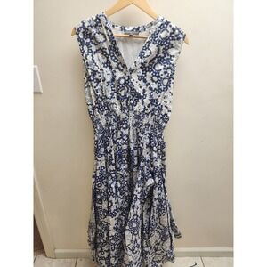 Chelsea & Theodore Blue White Floral Smocked Waist Sleeveless Midi Dress Large